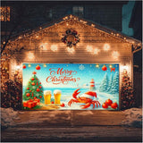 HOMETITUTE Christmas Garage Door Banner 13x6ft Coastal Crab Santa Holiday Decorations Red Lettering Snow Ocean Tree Beer Ornaments for Outdoor Xmas Party House Wall Yard Display