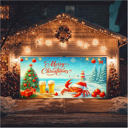 HOMETITUTE Christmas Garage Door Banner 13x6ft Coastal Crab Santa Holiday Decorations Red Lettering Snow Ocean Tree Beer Ornaments for Outdoor Xmas Party House Wall Yard Display