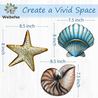 Weibefee 3 Pcs Metal Beach Wall Decor Sea Star Shell Conch Metal Mother's Day Decor Ocean Theme Marine Coastal Bathroom Mother's Day Decorations Gift Rustic Cottage Nautical Wall Art for Office Home Living Room Nursery Room