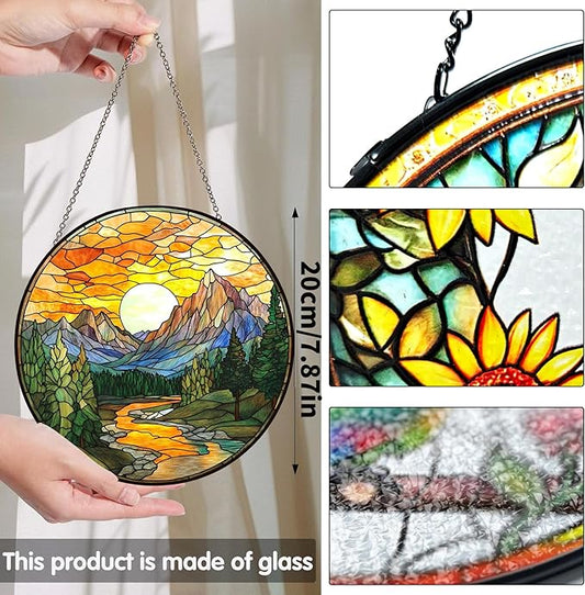 Bimkole Scenery Stained Glass Suncatcher Window Hanging - Rivers Indoor Window or Doorway Decoration - Handmade Sun Catcher Decor for Garden Home Christmas & Birthday Gifts 7.87x7.87 inch