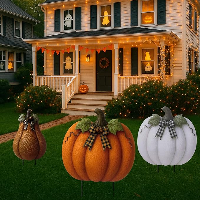 3 Pcs Thanksgiving Metal Stacked Pumpkin Garden Stakes Outdoor 3D Retro Pumpkin Decoration Fall Yard Stakes Lawn Signs Decorative for Autumn Harvest Holiday Pathway Patio Decor
