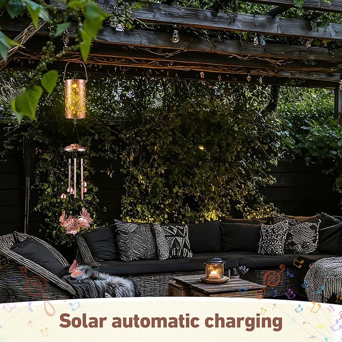 Retisee Butterfly Solar Wind Chimes Outdoor Metal Butterfly Gifts Solar Light Windchimes Outside Indoors Christmas Decoration Birthday Gift for Home Lawn Porch Patio Garden Yard