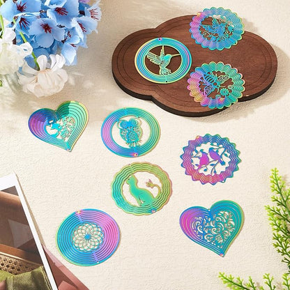 9Pcs Animal Wind Spinners Outdoors Assorted Stainless Steel Wind Sculpture Spinner for Garden Outside Hanging Decor Gradient Etched Metal Embellishments for Garden Yarn Home Decor