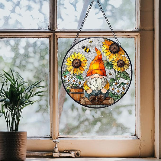 Sunflower Gnome Stained Glass Window Hanging Suncatchers, Rustic Cottage Sunflower Bee Sun Catchers Indoor Window Glass Wall Art Decor, Daisy Garden Wall Hanging Decor Sculptures, 7.9x7.9in