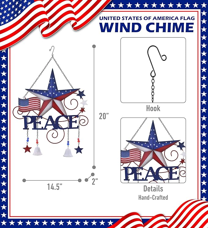 CoTa Global USA Flag Peace Wind Chime - American Flag Patriotic Indoor or Outdoor Windchime Home Decor with Hanging Bells, Handcrafted Glass and Metal Wind Chimes for Yard, Garden, Porch - 20 Inches