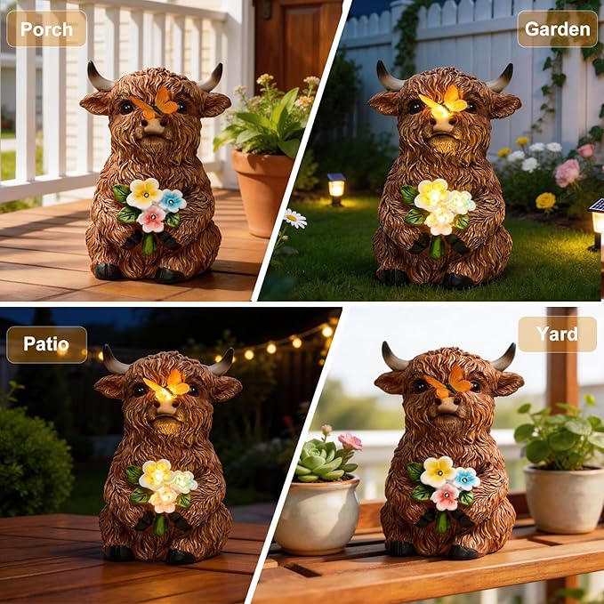 Solar Highland Cow Outdoor Statue, Garden Sculpture with Lighted Butterfly & Flowers Decor, Highland Cow Figurine for Patio Yard Lawn Ornaments for Birthday