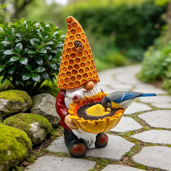 Solar Gnome Garden Statue with Honeycomb Hat & Sunflower Bird Feeder - Outdoor Decor with LED Lights for Patio, Lawn, Yard, Porch, Backyard,Best Garden Gifts for Mothers Day, Housewarming, Festival