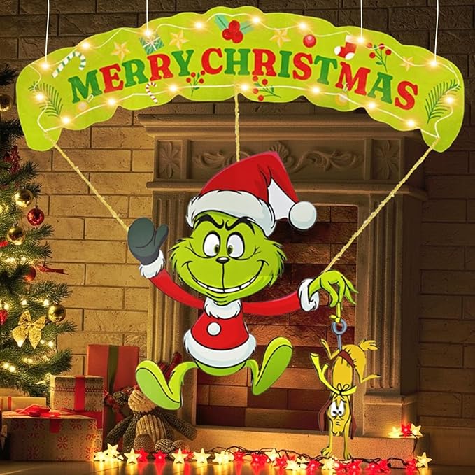 Outdoor Christmas Home Decorations, 7Pcs Lights Up Christmas Parachute Signs Decor, Cute Xmas Hanging Ornament with LED String Lights for Yard, Door, Christmas Tree Decoration