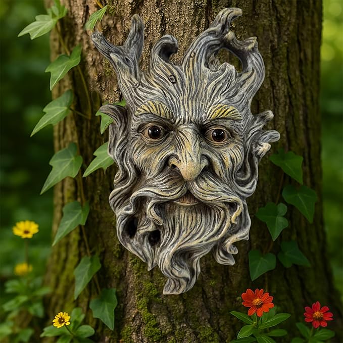 Whimsical Tree Face Garden Statues Outdoor Decor – Funny Old Man Tree Hugger Wall Sculpture with Mustache, Fairy Art Fence Hanging Resin Ornament, Outdoor Wall Mounted Sculpture for Patio Lawn & Home