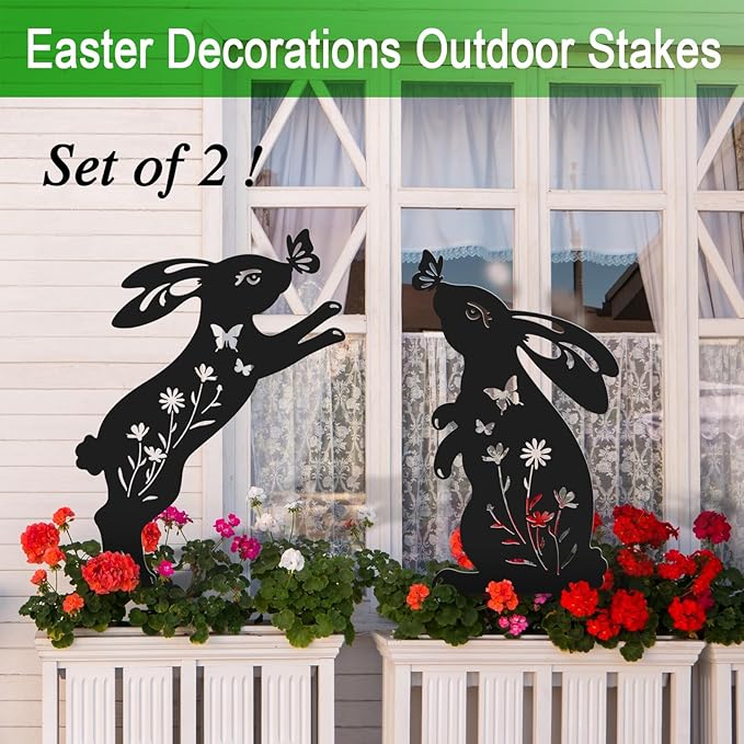 Easter Decorations Outdoor,2 Pack Metal Silhouette Bunny Garden Decor,Rabbit Yard Art Stakes for Yard,Lawn,Patio,Easter Gifts for Women