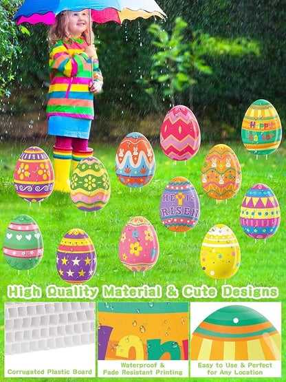 12Pcs Easter Yard Signs Outdoor Decorations Pastel Easter Egg shaped Yard Sign with Stakes Colorful Eggs Yard Signs for Garden Lawn Home Party Supplies(12 Pcs Eggs)