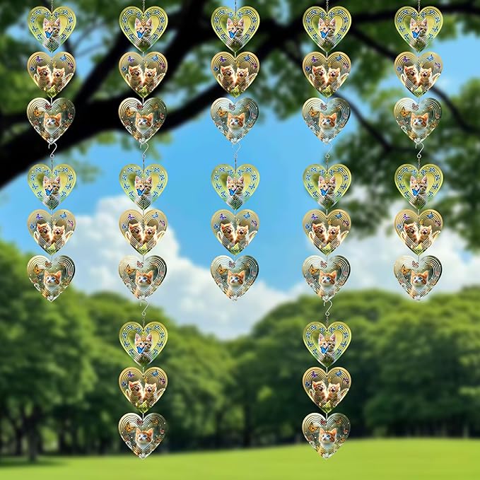 Wind Spinners Outdoor, Bird Repellent，3D Hearts Cat Pattern Hanging, 15 inches, Kinetic, Stainless-Steel Metal, Indoor and Outdoor Decoration for Garden, Patio, Yard, Gift for Women Mom Wife.