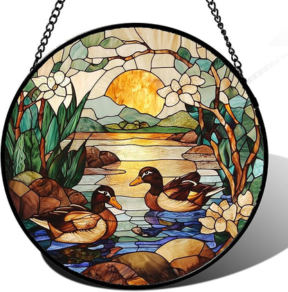 Stained Glass Window Hanging, Ducks in The Pond Sun Catcher for Door Home Decor Landscape Plant Suncatcher Christmas Mother's Day Birthday Gifts for Women Men Mom Nana 6.3 in