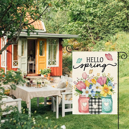 AVOIN colorlife Hello Spring Garden Flag 12x18 Inch Double Sided Outside, Floral Mason Jar Holiday Yard Outdoor Flag