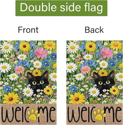 Louise Maelys Spring Summer Garden Flag Floral Daisy Black Cat Double Sided 12x18 Inch Seasonal Welcome Small Burlap Holiday Yard Sign Outdoor Outside Home Decoration