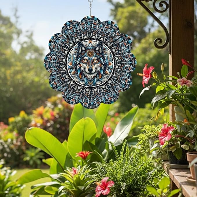 12 Inch 3D Kinetic Wind Spinner for Garden and Yard, Laser-Cut Stainless Steel, Mesmerizing Hanging Decor for Outdoor Patio & Indoor, Spirit Wolf-15