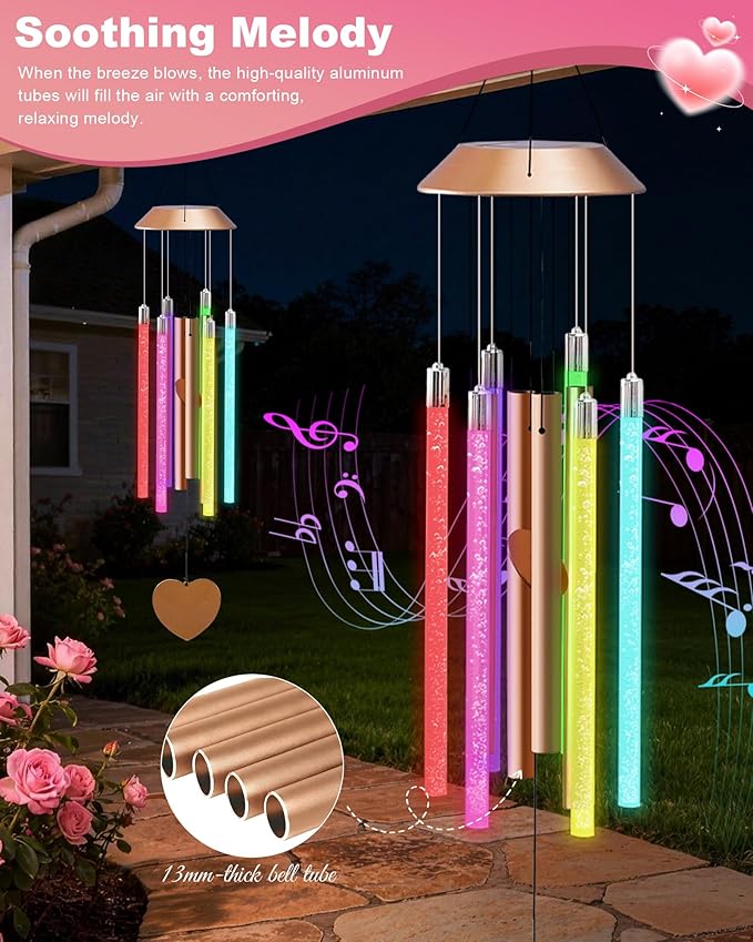 Nacome Solar Wind Chime Outdoor Indoor: Unique Gifts for Mom Grandma Women - Automatic LED Color Changing Light IP65 Waterproof Outside Decor for Garden Patio Balcony Porch(Copper)