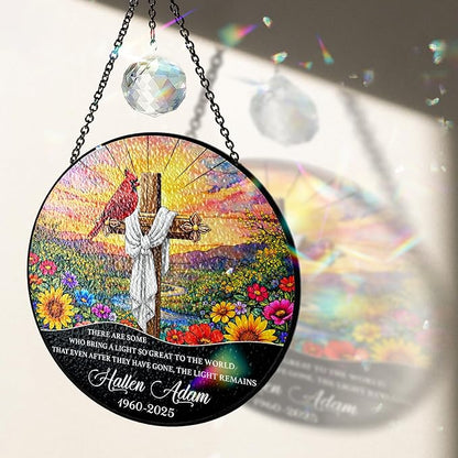 Personalized Cardinal Cross Memorial Stained Glass Suncatcher Christian Sympathy Sun Catcher for Mom Grandparent Religious Catholic Gift Window Hanging Decor Remembrance Day for Loss of Loved One