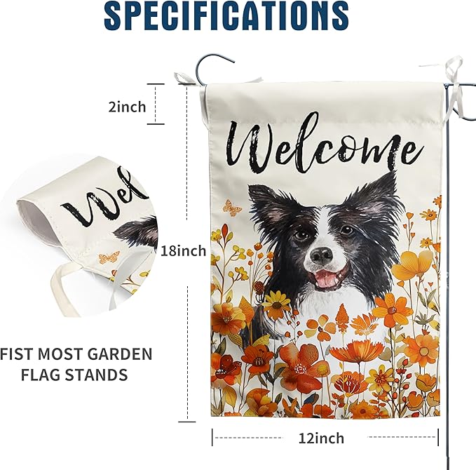 Border Collie Fall Garden Flag Autumn Dog Yard Sign Orange Floral Thanksgiving Outdoor Banners for Outside 12x18 Double Sided Small Wild Flower Lawn Decorations