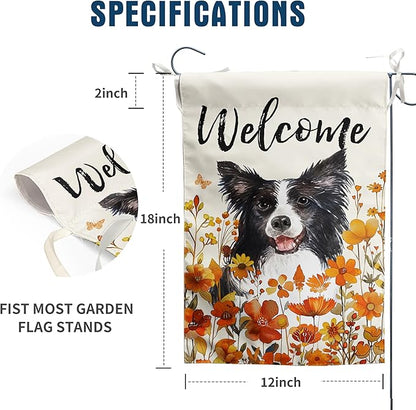 Border Collie Fall Garden Flag Autumn Dog Yard Sign Orange Floral Thanksgiving Outdoor Banners for Outside 12x18 Double Sided Small Wild Flower Lawn Decorations