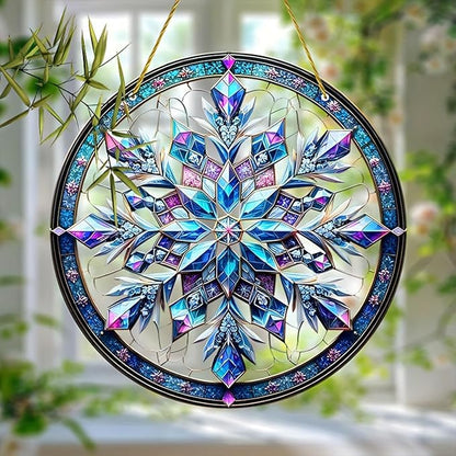 Banax Snowflake Hanging Stained Glass for Windows,23cm/9 inch Hand-Painted Sun Catcher Garden Hangings Christmas Mother's Day, Valentine's Day Ornaments Festival Gift