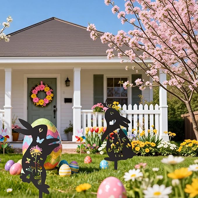 2pcs Easter Bunny Garden Stakes, Metal Rabbit Garden Decor Bunny Statue for Yard Animal Sculpture Decor Welcome Sign for Indoor Outdoor Patio Lawn