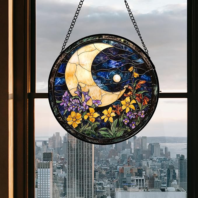 Stained Glass Window Hanging - Blue Night Sky Moon Suncatcher for Door Terrace Garden Home Decor Wildflowers Sun Catcher Birthday Gifts for Lovers Women Men Dad Mom Nana 15 in