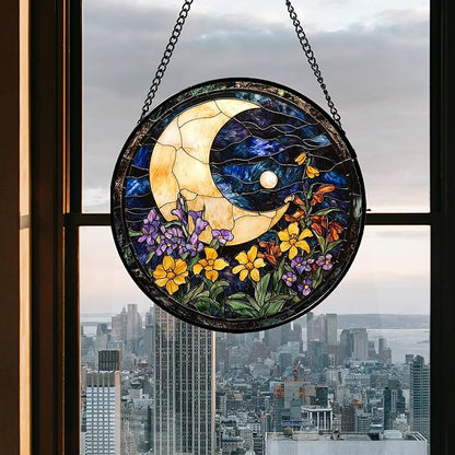 Stained Glass Window Hanging - Blue Night Sky Moon Suncatcher for Door Terrace Garden Home Decor Wildflowers Sun Catcher Birthday Gifts for Lovers Women Men Dad Mom Nana 9.8 in