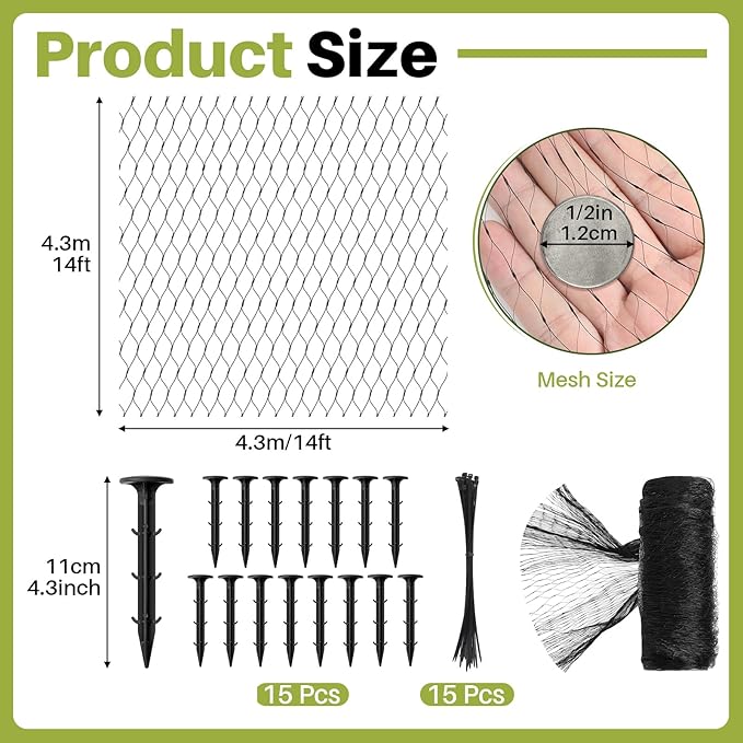 Koi Pond Netting Kit 14 x 14ft, Bird Deer Fence Netting, Durable Net Cover for Leaves, Heavy Duty Fine Mesh, Protect Fish from Blue Heron Birds, Cats & Predators, 15pcs Stakes & Ties Included