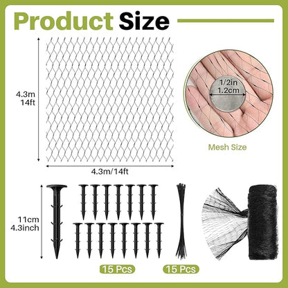 Koi Pond Netting Kit 14 x 14ft, Bird Deer Fence Netting, Durable Net Cover for Leaves, Heavy Duty Fine Mesh, Protect Fish from Blue Heron Birds, Cats & Predators, 15pcs Stakes & Ties Included