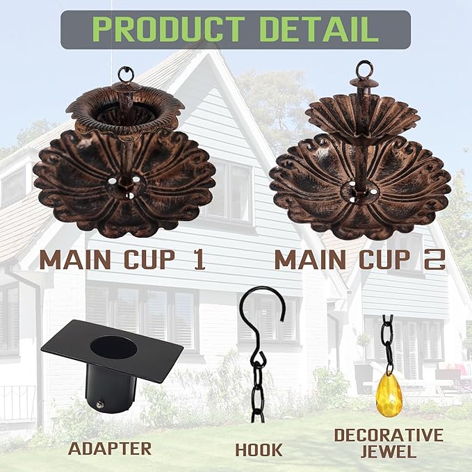 Fountain Rain Chain for Gutters – Large & Small Cup Designed Rain Chains, Customizable DIY Layout, Rust-Resistant Coated Metal Downspout Alternative for Garden, Patio & Outdoor Décor (8.5 FT)
