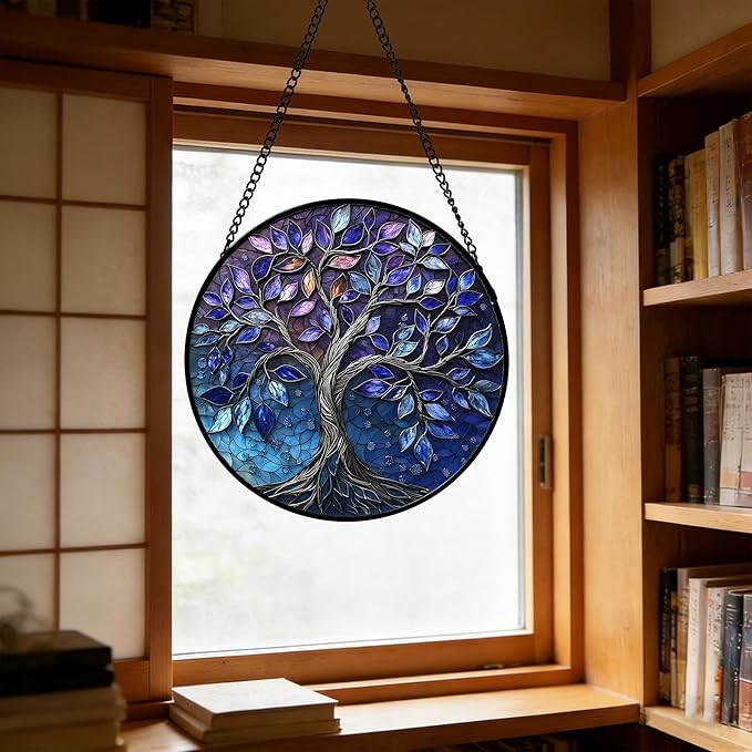 DASTOLL Stained Glass Window Hanging, Blue Purple Tree of Life Sun Catchers Colorful Glass Panel Plants Suncatcher Decor for Birthday for Women,Men,Wife, Lovers, and Mom 7.8 in