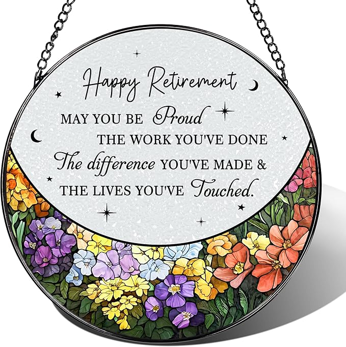 8” Stained Glass Suncatcher Ornament – Floral Retirement Window Hanging Decorations, Retirement Gifts & Retired Gifts for Women, Men, Friends, Coworkers, Teachers - Style F