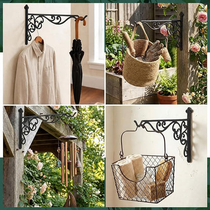 Landhoow 2 Pcs 15.6" Large Cast Iron Hanging Outdoor Wall Hanger Black Heavy Duty Basket Hook Braces Vintage Decorative Shelf Garden Planter Flower Hook for Pot Lantern Wind Chime Hummingbird Feeder