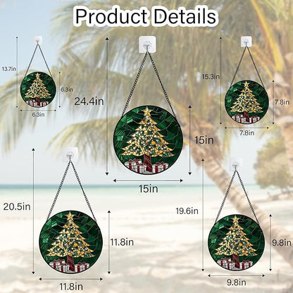 Stained Glass Window Hanging - Gold Green Christmas Tree Suncatcher for Doors Home Christmas Decoration Winter Sun Catcher Thanksgiving New Year Birthday Gifts for Women Men Mom Nana 6.3 in