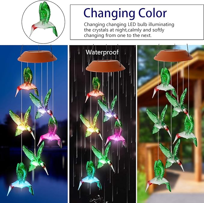 Hummingbird Solar Wind Chimes Color Changing Outdoor LED Solar Chimes Light Birthday Gifts for Women Garden Gifts for Mom Grandma Mothers Day Memorial Wind Chimes Outdoor Decor