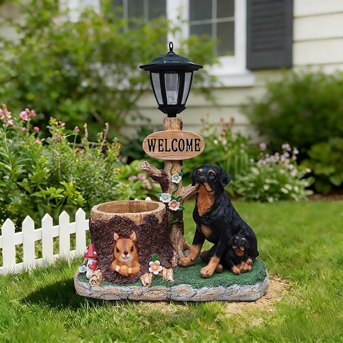 20" Solar rottweiler Garden Statue with Welcome Sign & Planter - Large Dog Sculpture with LED Street Lantern - Weatherproof Resin Decorative Flower Pot for Porch, Yard & Patio - Pet Lover Gift