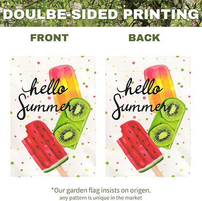 Hello Summer Garden Flag Colorful Popsicle Ice Cream Outdoor Yard Flags Lawn Porch Patio Summer Party Pool Decor Watermelon Kiwi Fruit Theme Seasonal House Banners Home Decoration 12x18 Inch