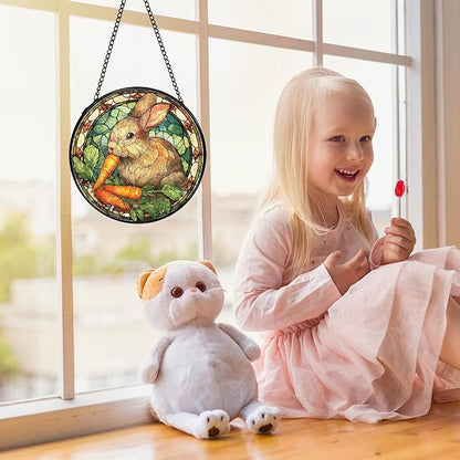 Bunny Decor, Bunny Gifts for Women, Rabbit Suncatchers Stained Glass Window Hanging, Rabbit Decor Sun Catchers Indoor Window Glass Round Wall Decor, 7.9x7.9in