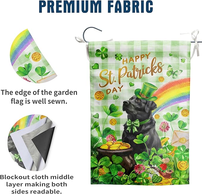 Black Lab St Patricks Day Garden Flag Labrador Dog St Patrick's Day Yard Flags for Outside 12x18 Double Sided Buffalo Plaid Shamrock Flag Small Outdoor Rainbow St Patrick's Decor