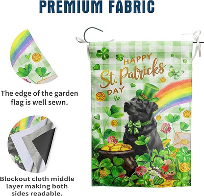 Black Lab St Patricks Day Garden Flag Labrador Dog St Patrick's Day Yard Flags for Outside 12x18 Double Sided Buffalo Plaid Shamrock Flag Small Outdoor Rainbow St Patrick's Decor