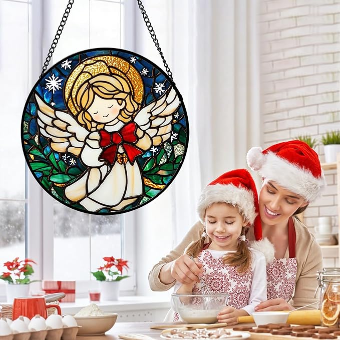 Stained Glass Window Hanging Jesus Cute Angel Large 15" - White Angel Suncatcher Door Garden Sun Catcher Home Decor Birthday Christmas for Mom Men Woman Nana Friend Girl
