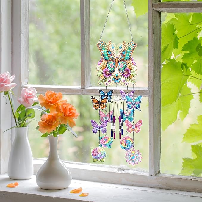 DIY Wind Chime Pendant Spring 3D Diamond Art Painting Hanging Ornament Double Sided Diamond Suncatchers for Window Home Backyard Garden Wall Door Decor (Butterfly04)