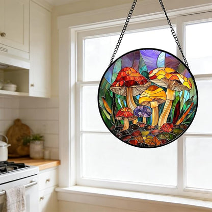 DASTOLL Stained Glass Window Hanging, Jungle Mushrooms Sun Catchers Diamond Glass Panel Hangings Plant Suncatcher Decor for Birthday for Women, Men, Wife, Aunt, and Mom 14.9x14.9 in