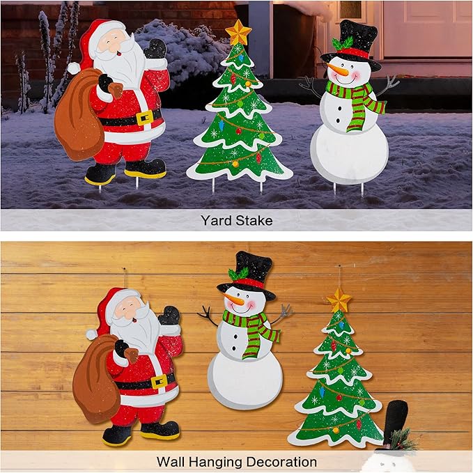 Glitzhome Metal Christmas Santa Snowman Tree Stake 3 Pack Outdoor Yard Holiday Décor, 24" H, Multicolor