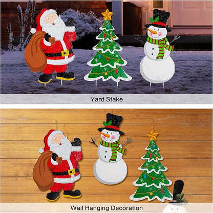 Glitzhome Metal Christmas Santa Snowman Tree Stake 3 Pack Outdoor Yard Holiday Décor, 24" H, Multicolor