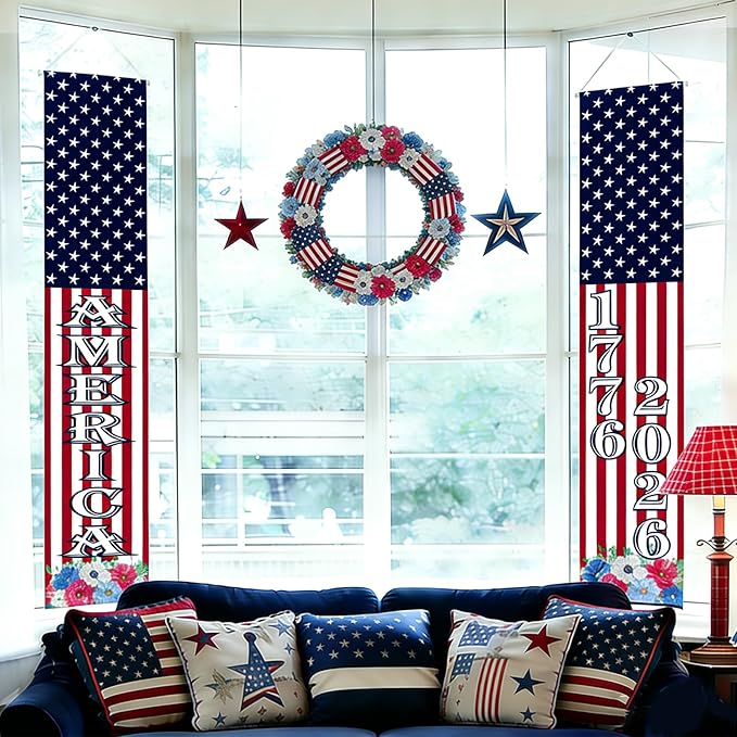 4th of July Decorations Outdoor - 2 Pack 250th Anniversary Patriotic Porch Banners with 6 USA Hand Flags, 1776-2026 Semiquincentennial Hanging Sign Set for Independence Day Party, Balcony Fence Garden Wall Decor