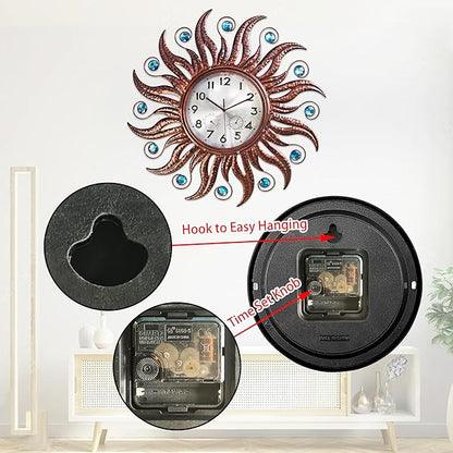 COOZZUHOUR 25 Inch Metal Sun Outdoor Shaped-Clock with Thermometer and Hygrometer Combo, Battery-Powered 10-inch Waterproof Dial and Silent Quartz Movement for Home Decorative Gifts(Bronze)