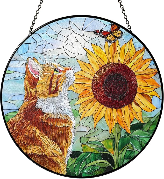 Orange Cat Stained Glass Suncatcher Orange Cat Lovers Gifts Window Hanging Garden Decor, Sunflower Memorial Pet Loss Sympathy Gift Christmas Birthday for Grandma, Friends, Mom, Women