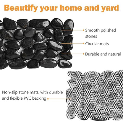 River Rock Stepping Stones Outdoor for Garden Walkway, 6 Pcs 16" L x 6" W Rectangle Shape Paver Step Stones Polished Pebble River Stone Mat for Yard Lawn Patio Pathway Walk Way - Black